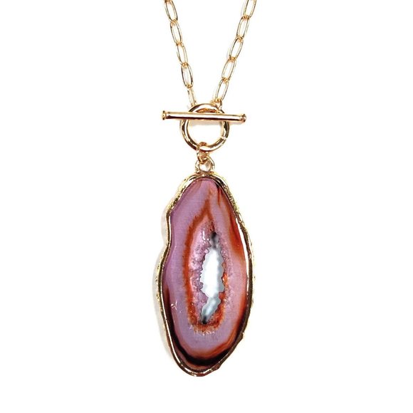 Tigerstars Lustrous Carnelian Pink Agate Gemstone Pendant Chain Necklace - Picture 1 of 5